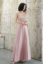 Pink V-Neck Long Prom Dress, Simple Spaghetti Straps Evening Dress