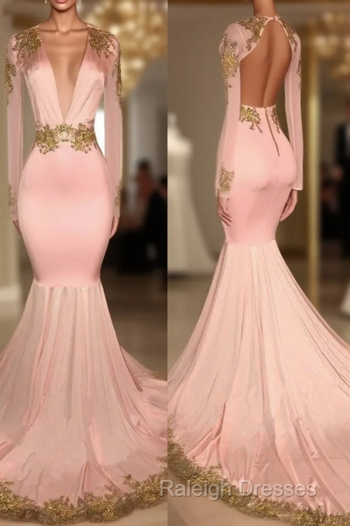 Pink V Neck Long Sleeves Mermaid Prom Dress Affordable Prom Dress Main image