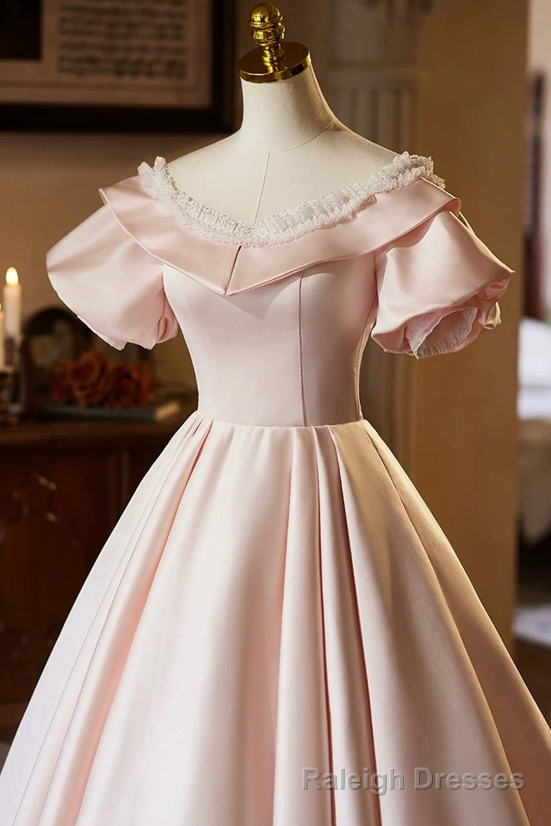 Pink V-Neck Satin A-Line Prom Dress, Beautiful Short Sleeve Evening Party Dress Secondary image