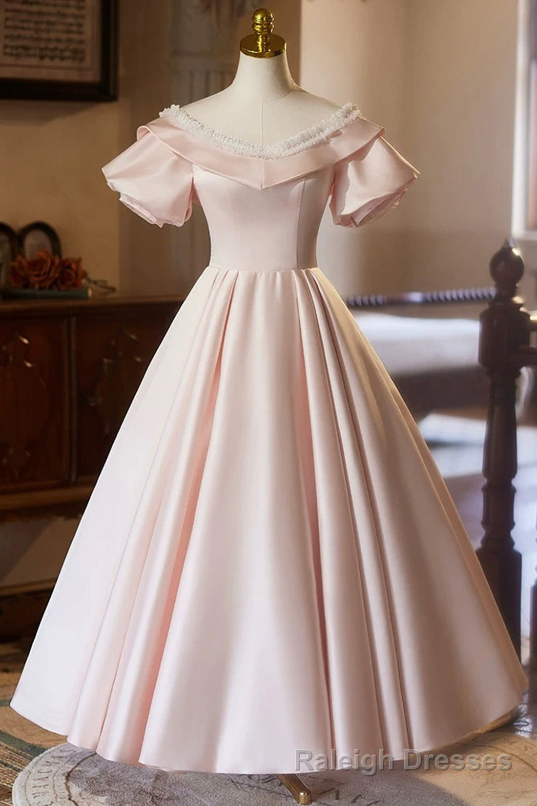 Pink V Neck Satin A Line Prom Dress, Beautiful Short Sleeve Prom Prom Dress Main image