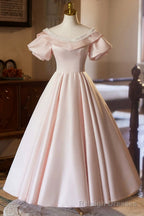Pink V Neck Satin A Line Prom Dress, Beautiful Short Sleeve Prom Prom Dress