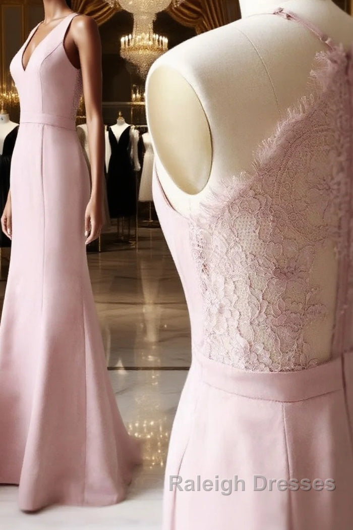Pink v neck satin lace long prom dress, lace bridesmaid dress Main image