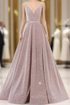 Pink V Neck Sequin A Line Prom Dress With Slit