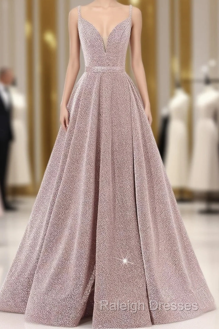 Pink V Neck Sequin A Line Prom Dress With Slit