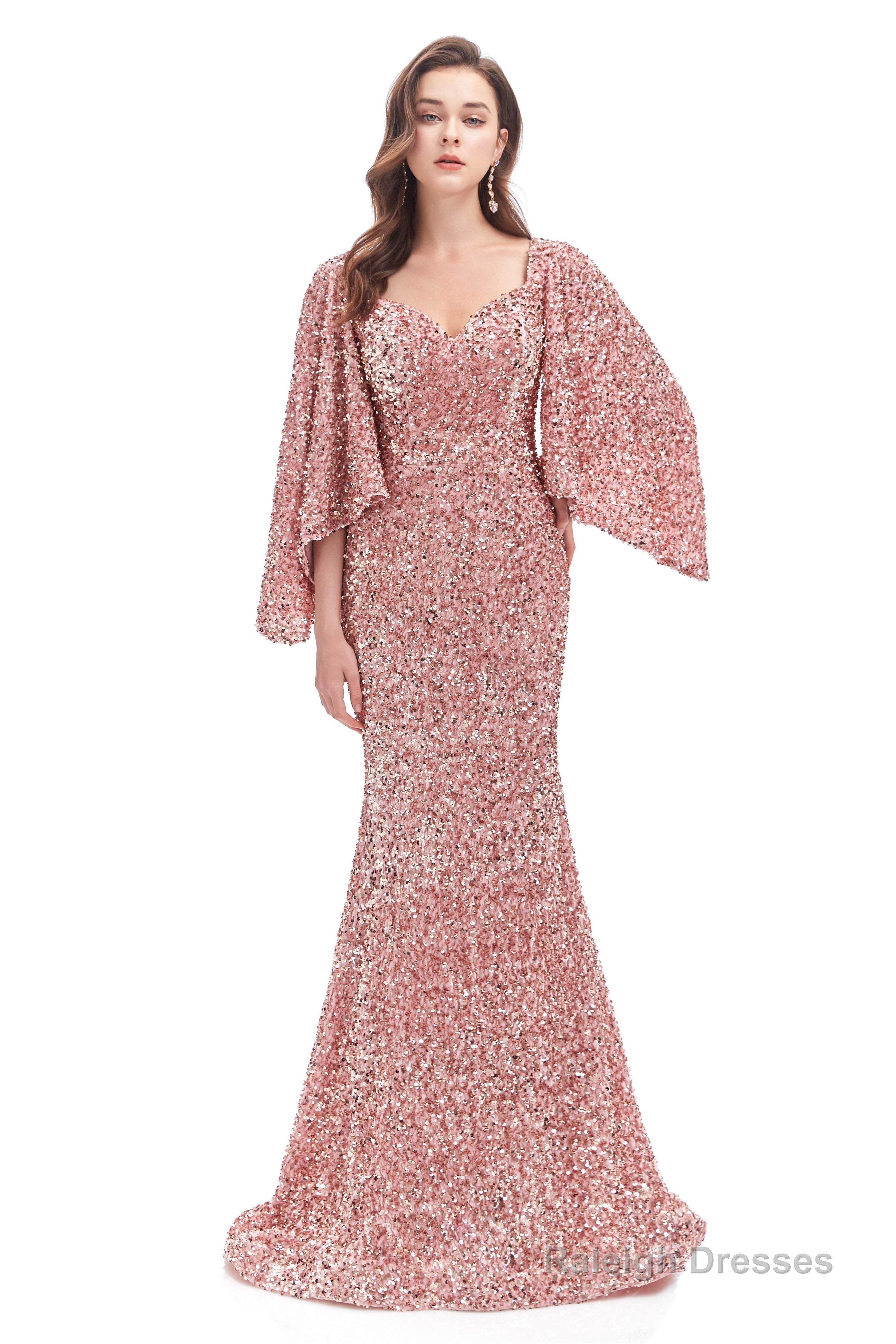 V-Neck Sequins Mermaid Prom Dresses with Sleeves