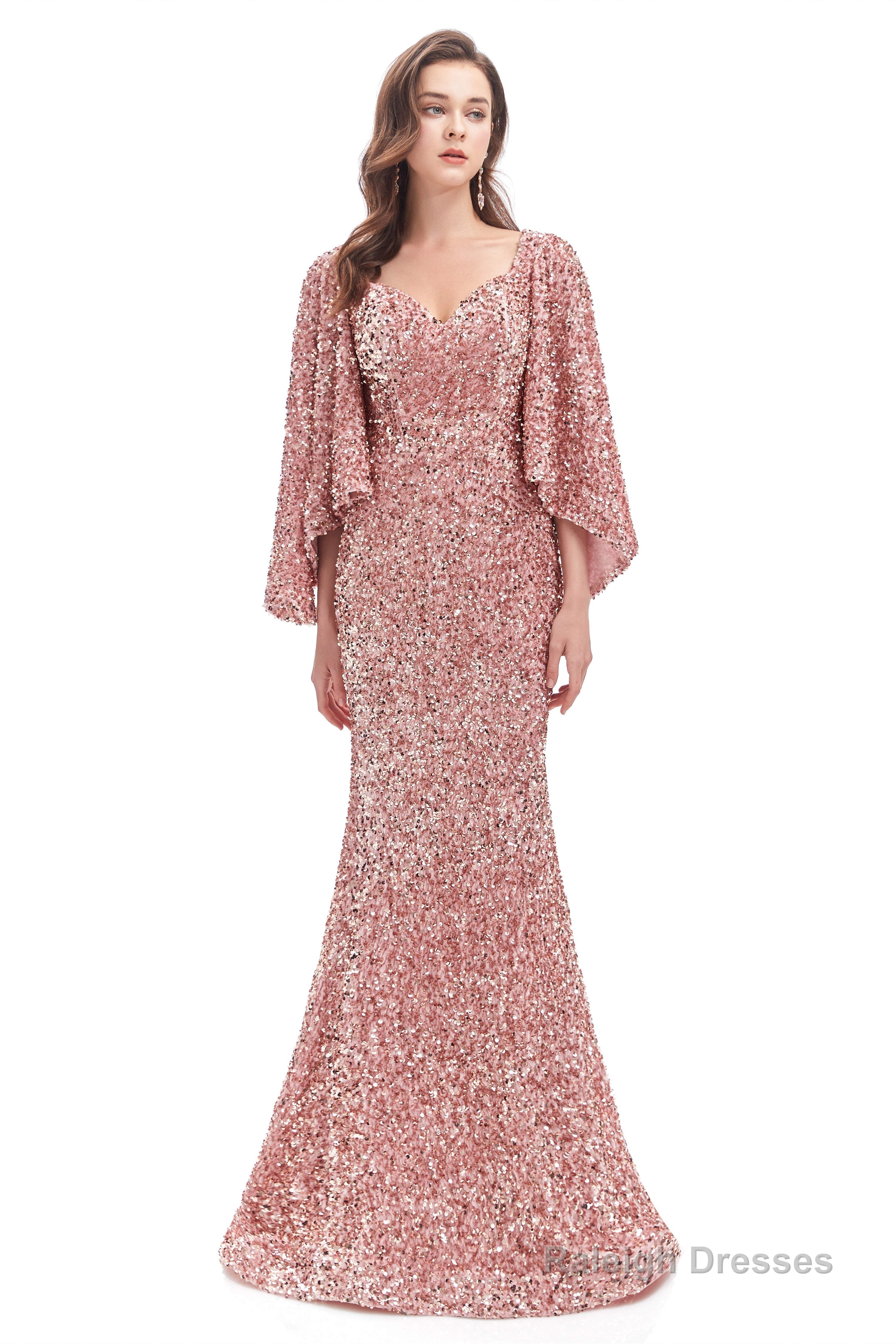 V-Neck Sequins Mermaid Prom Dresses with Sleeves