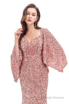 V-Neck Sequins Mermaid Prom Dresses with Sleeves