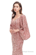 V-Neck Sequins Mermaid Prom Dresses with Sleeves
