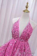 Pink V Neck Sequins Short Prom Dress, Pink A Line Backless Prom Dress