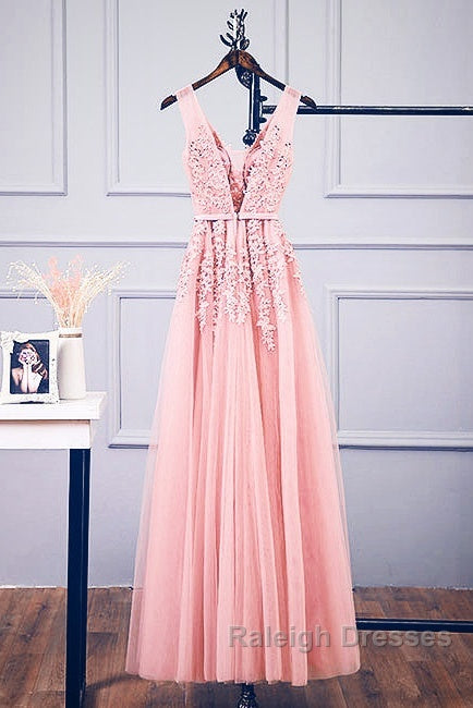 Pink V Neck Tulle Lace Applique Long Prom Dress, Pink Bridesmaid Dress