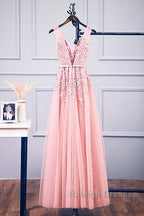 Pink V Neck Tulle Lace Applique Long Prom Dresses Pink Bridesmaid Dresses