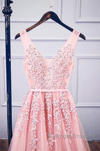 Pink V Neck Tulle Lace Applique Long Prom Dress, Pink Bridesmaid Dress