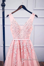 Pink V Neck Tulle Lace Applique Long Prom Dresses Pink Bridesmaid Dresses