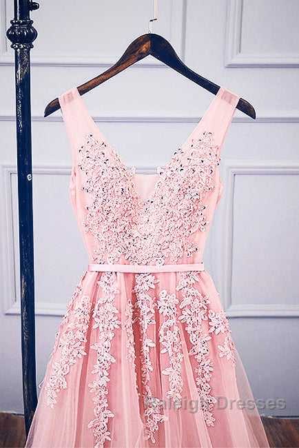Pink V Neck Tulle Lace Applique Long Prom Dresses Pink Bridesmaid Dresses