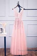Pink V Neck Tulle Lace Applique Long Prom Dress, Pink Bridesmaid Dress