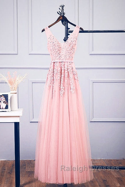 Pink V Neck Tulle Lace Applique Long Prom Dress, Pink Bridesmaid Dress