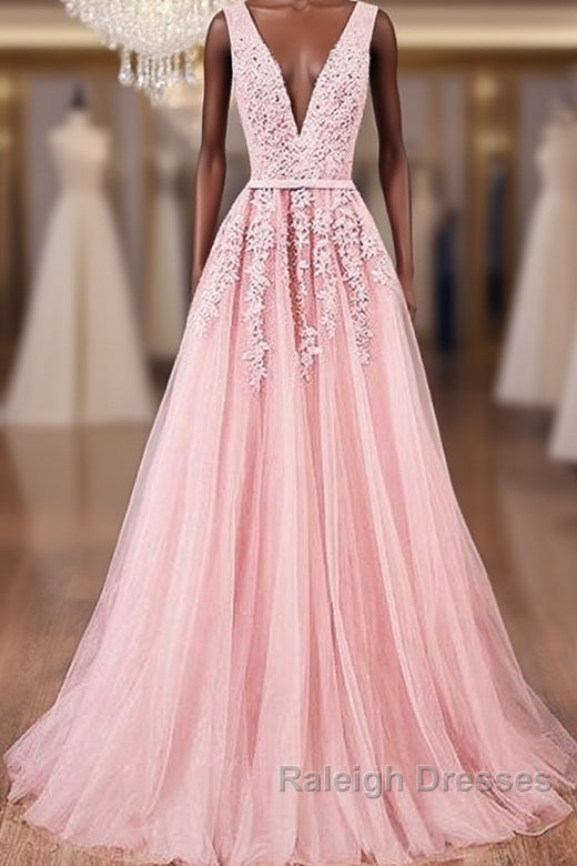 Pink V Neck Tulle Lace Applique Long Prom Dress, Pink Bridesmaid Dress Main image