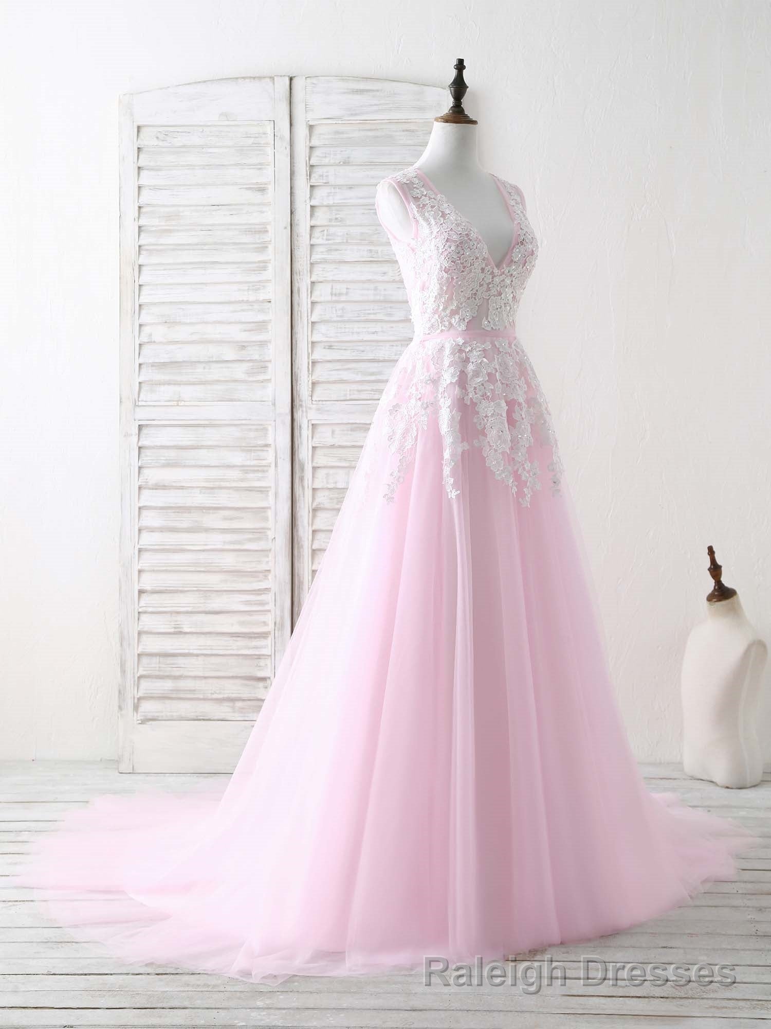 Pink V Neck Tulle Lace Applique Long Prom Dress Pink Prom Dress Main image