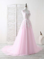 Pink V Neck Tulle Lace Applique Long Prom Dress Pink Prom Dress
