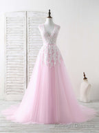 Pink V Neck Tulle Lace Applique Long Prom Dress Pink Prom Dress