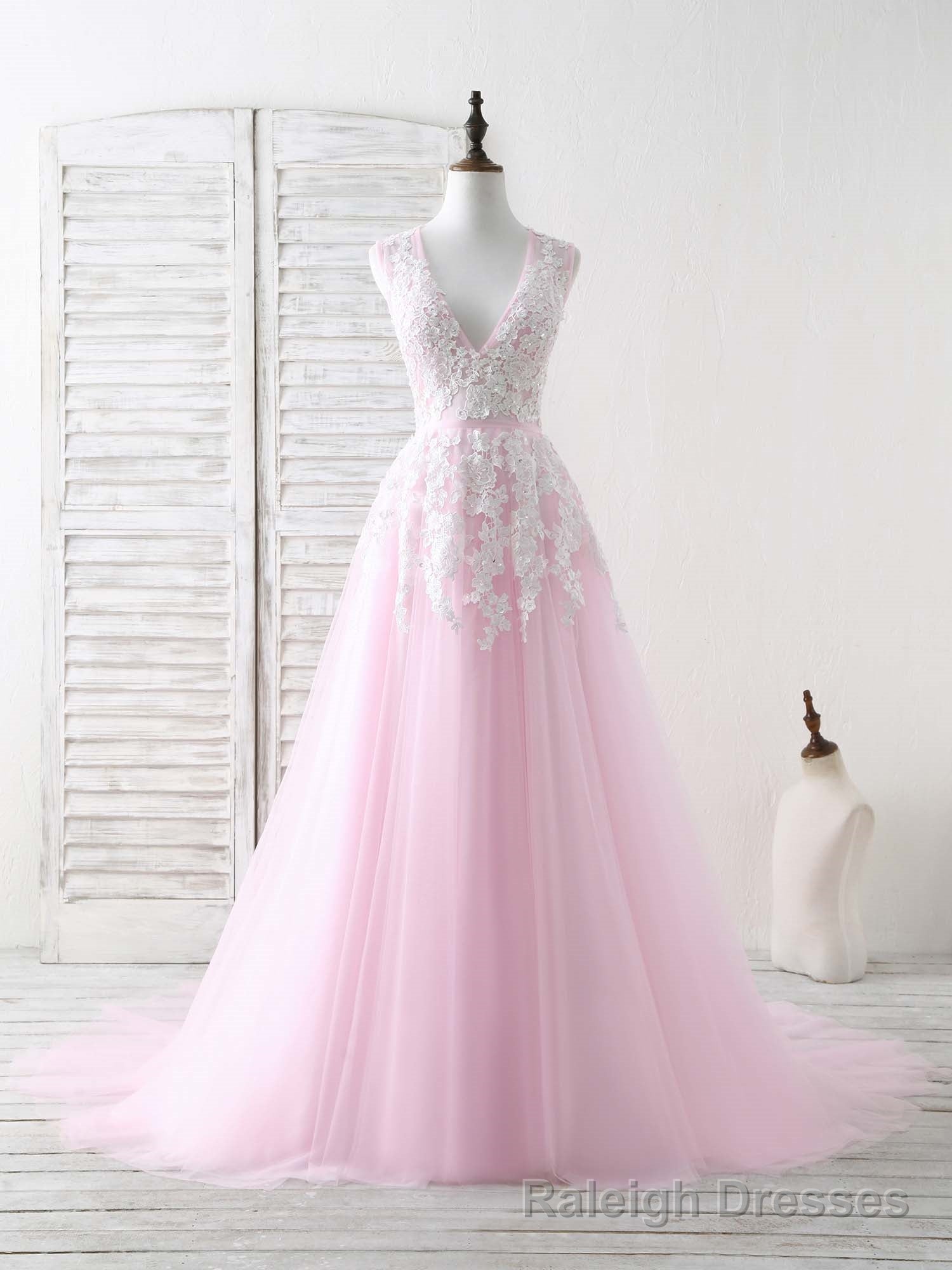 Pink V Neck Tulle Lace Applique Long Prom Dress Pink Prom Dress