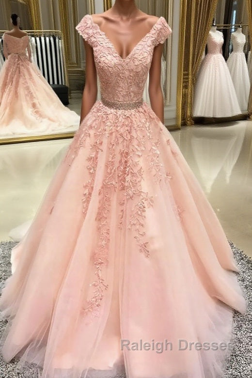 Pink v neck tulle lace applique long prom dress, pink tulle evening dress Main image