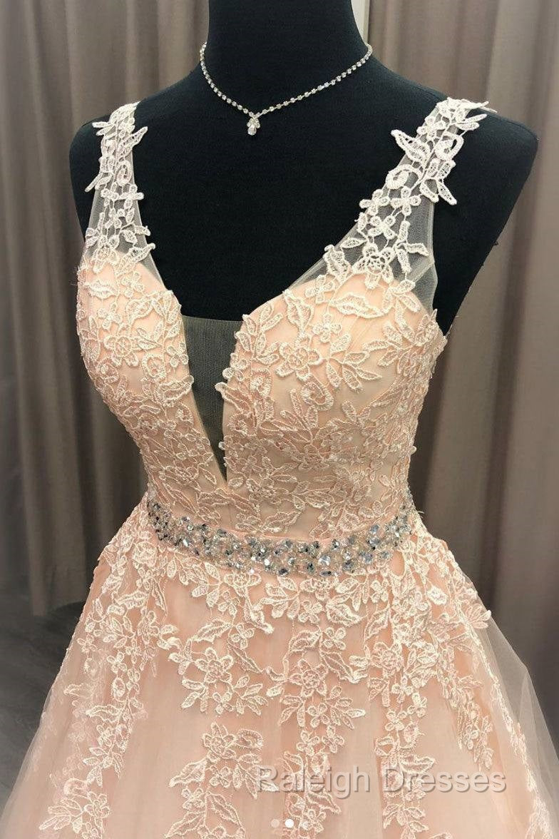 Pink V Neck Tulle Lace Prom Dresses Long Pink Prom Dresses Secondary image