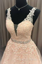 Pink V Neck Tulle Lace Prom Dresses Long Pink Prom Dresses