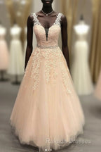Pink V Neck Tulle Lace Long Prom Dress Pink Evening Dress
