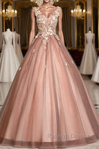 Pink v neck tulle lace long prom dress pink tulle formal dress