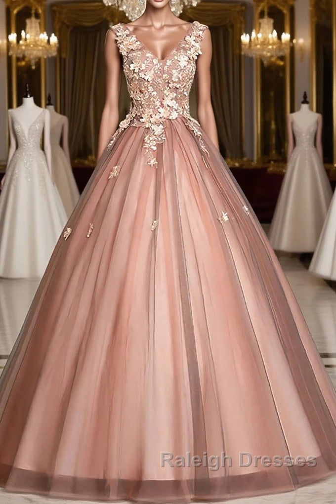 Pink v neck tulle lace long prom dress pink tulle formal dress