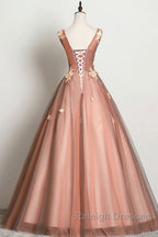 Pink v neck tulle lace Prom Dresses Long pink tulle Prom Dresses