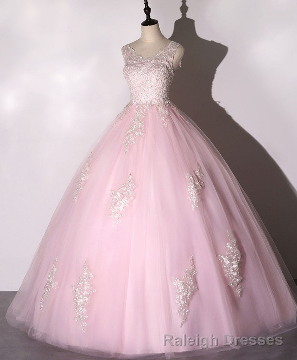 Pink V Neck Tulle Lace Long Prom Dress Pink Tulle Formal Sweet 16 Dress Main image