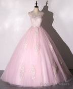 Pink V Neck Tulle Lace Long Prom Dress Pink Tulle Formal Sweet 16 Dress