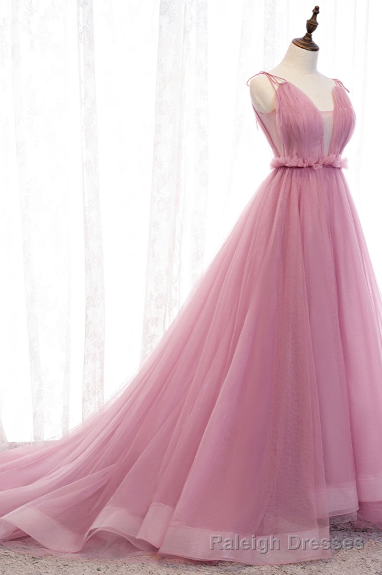 Pink V-Neck Tulle Long Prom Dress, A-Line Formal Evening Dress Main image
