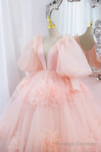 Pink V Neck Tulle Long Prom Dress, A Line Puff Sleeve Princess Dress