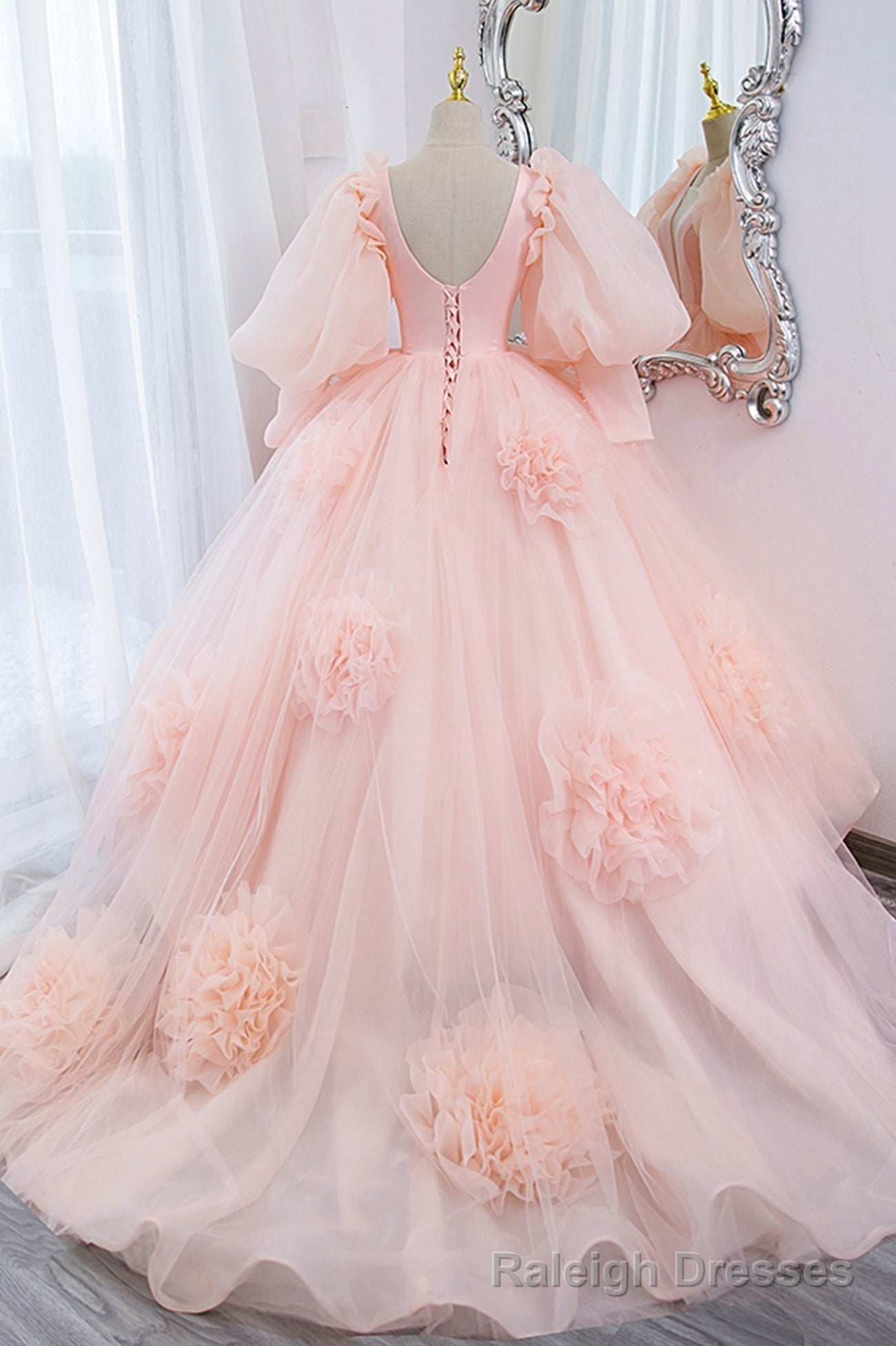 Pink V Neck Tulle Long Prom Dress, A Line Puff Sleeve Princess Dress