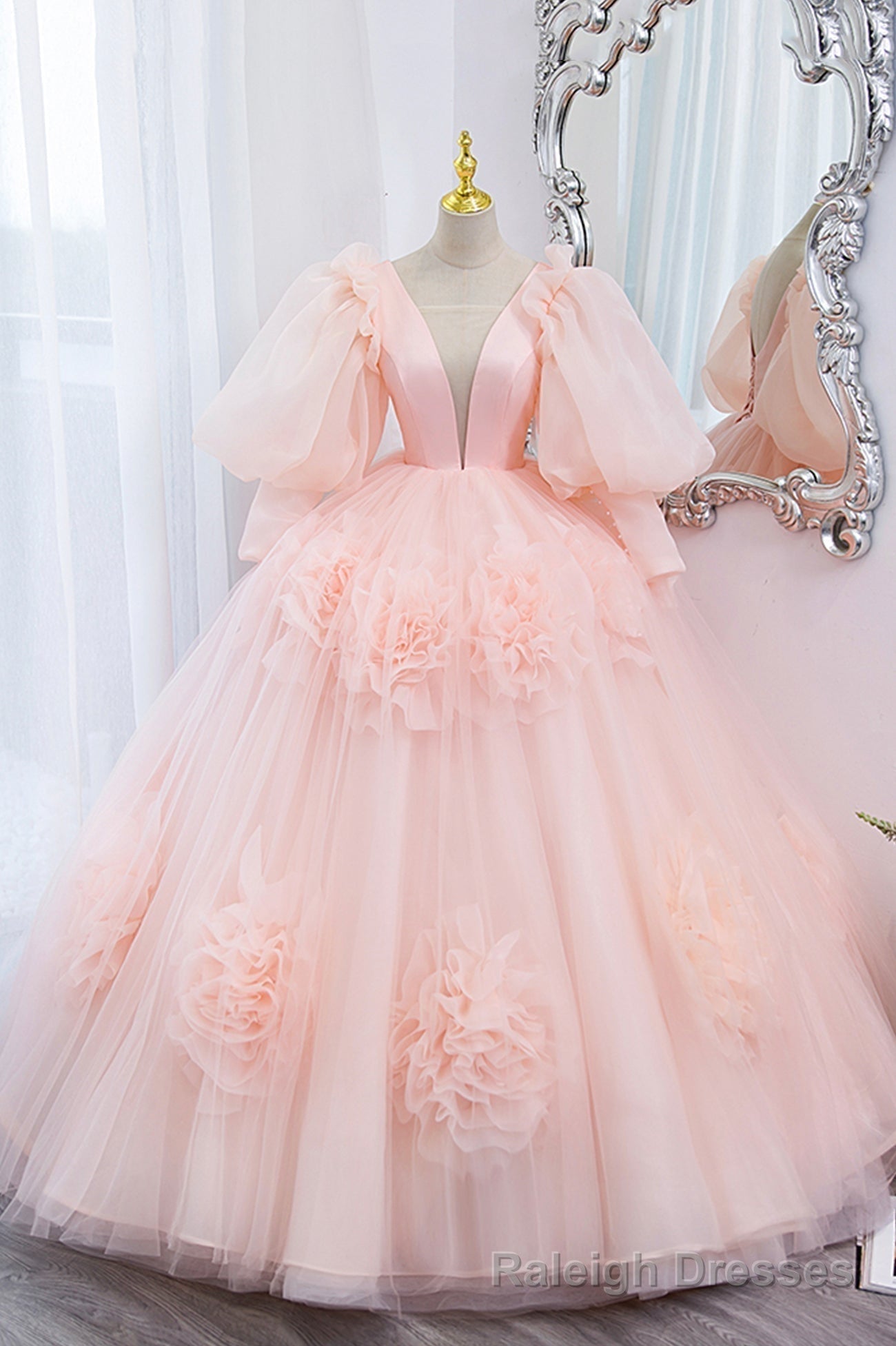 Pink V Neck Tulle Long Prom Dress, A Line Puff Sleeve Princess Dress
