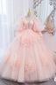 Pink V Neck Tulle Long Prom Dress, A Line Puff Sleeve Princess Dress