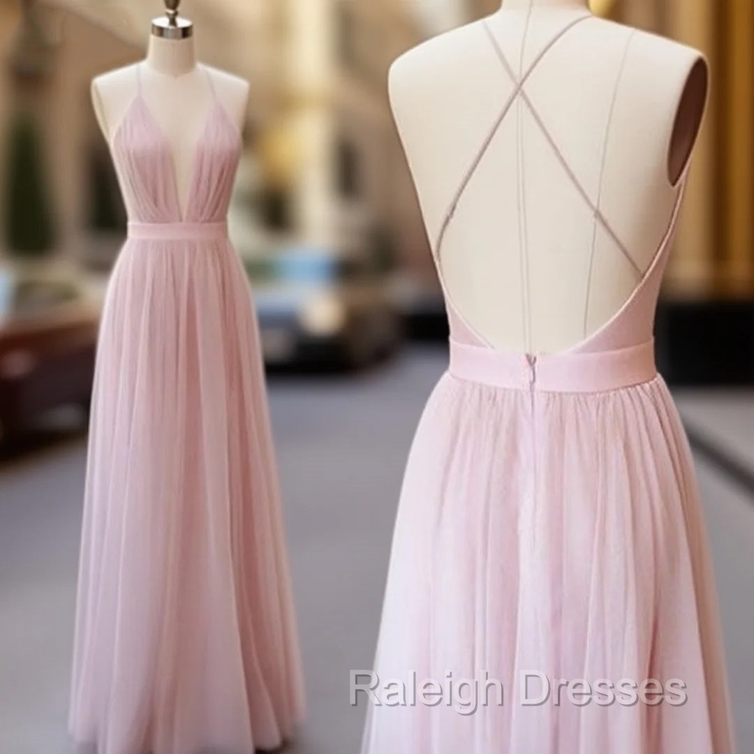 Pink V Neck Tulle Long Prom Dress, Evening Dress
