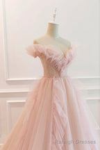 Pink V Neck Tulle Long Prom Dress, Off the Shoulder Prom Graduation Dress