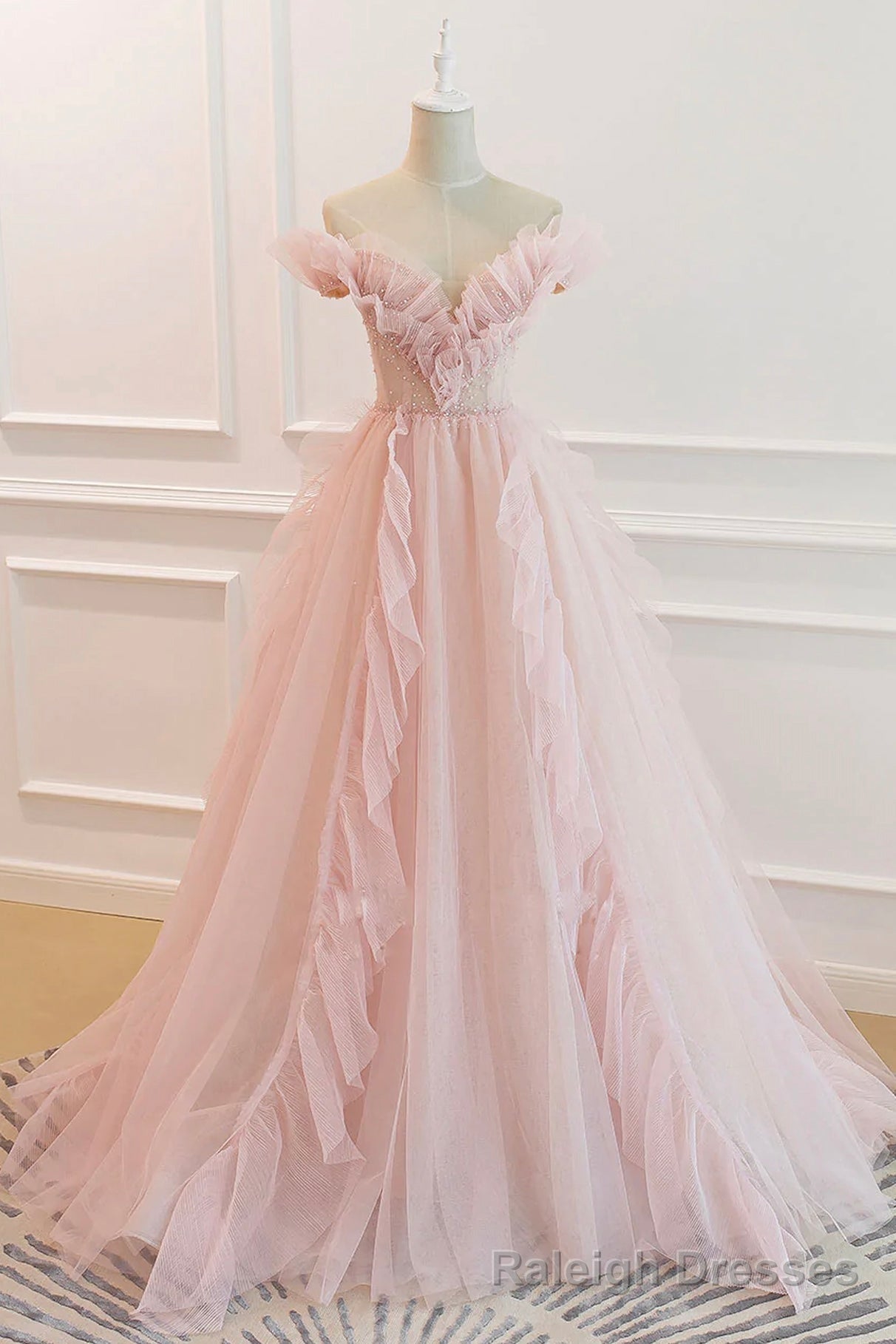 Pink V Neck Tulle Long Prom Dress, Off the Shoulder Prom Graduation Dress