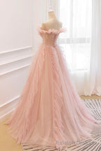 Pink V Neck Tulle Long Prom Dress, Off the Shoulder Prom Graduation Dress