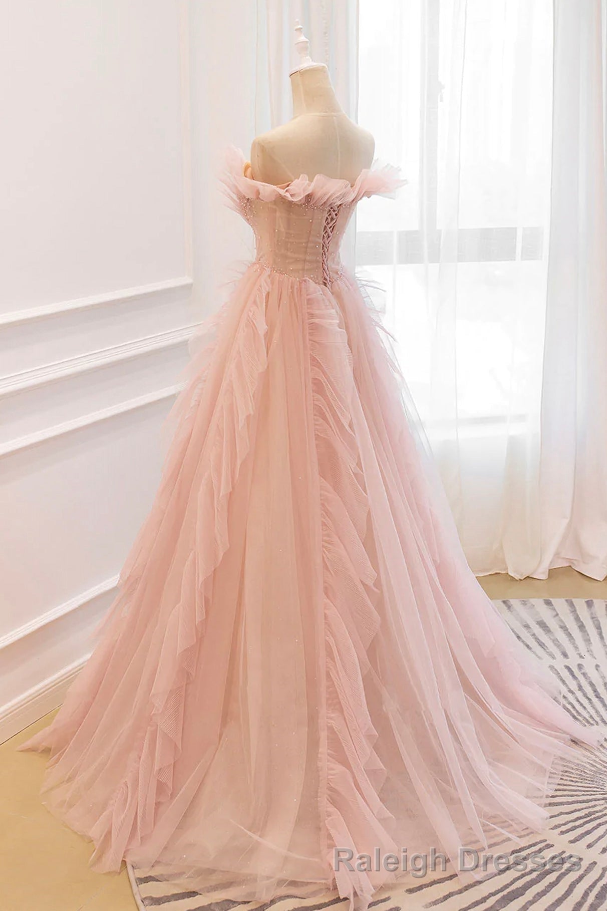 Pink V Neck Tulle Long Prom Dress, Off the Shoulder Prom Graduation Dress