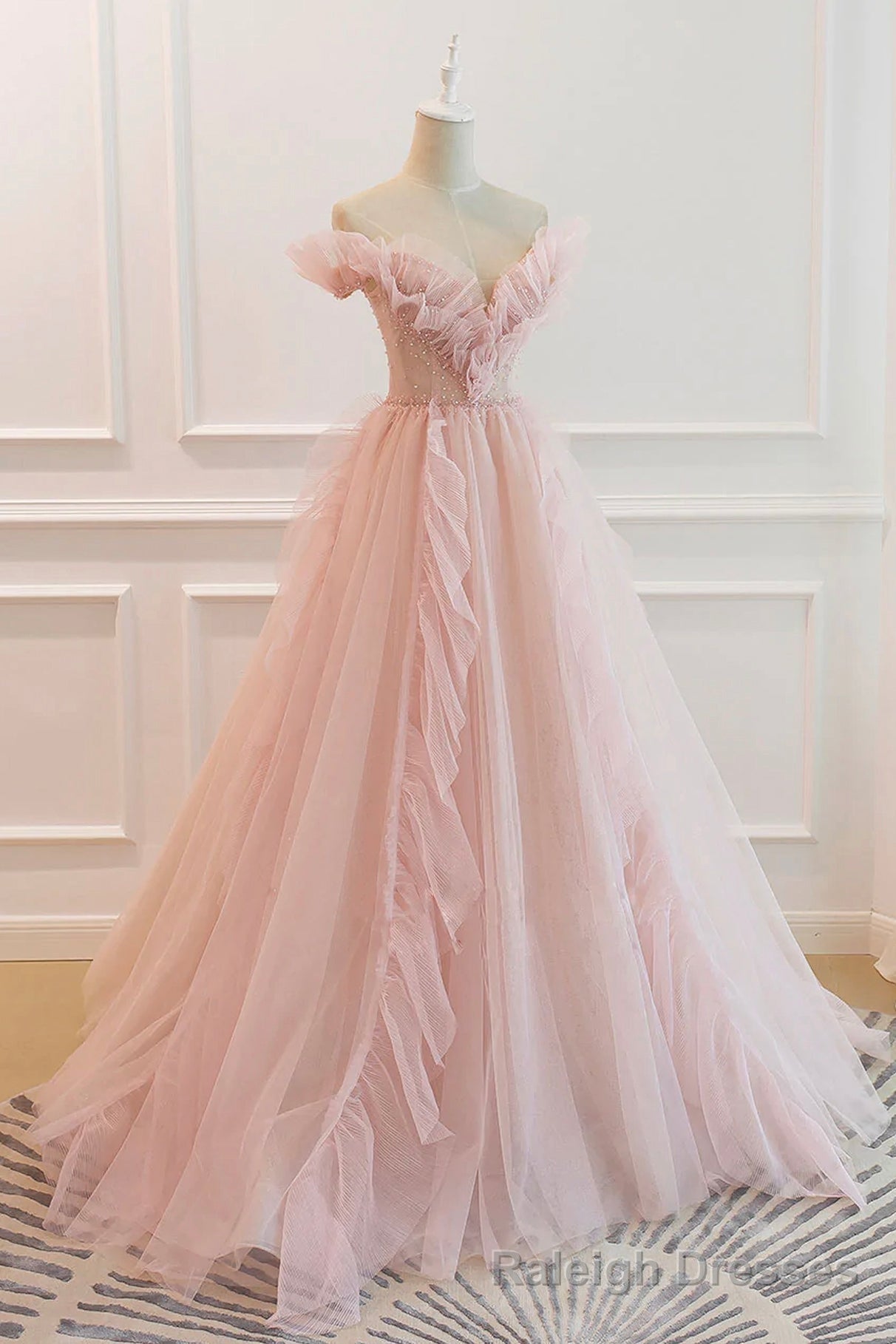 Pink V Neck Tulle Long Prom Dress, Off the Shoulder Prom Graduation Dress Main image
