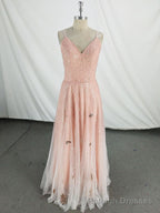 Pink V Neck Tulle Long Prom Dress, Pink Tulle Prom Dress