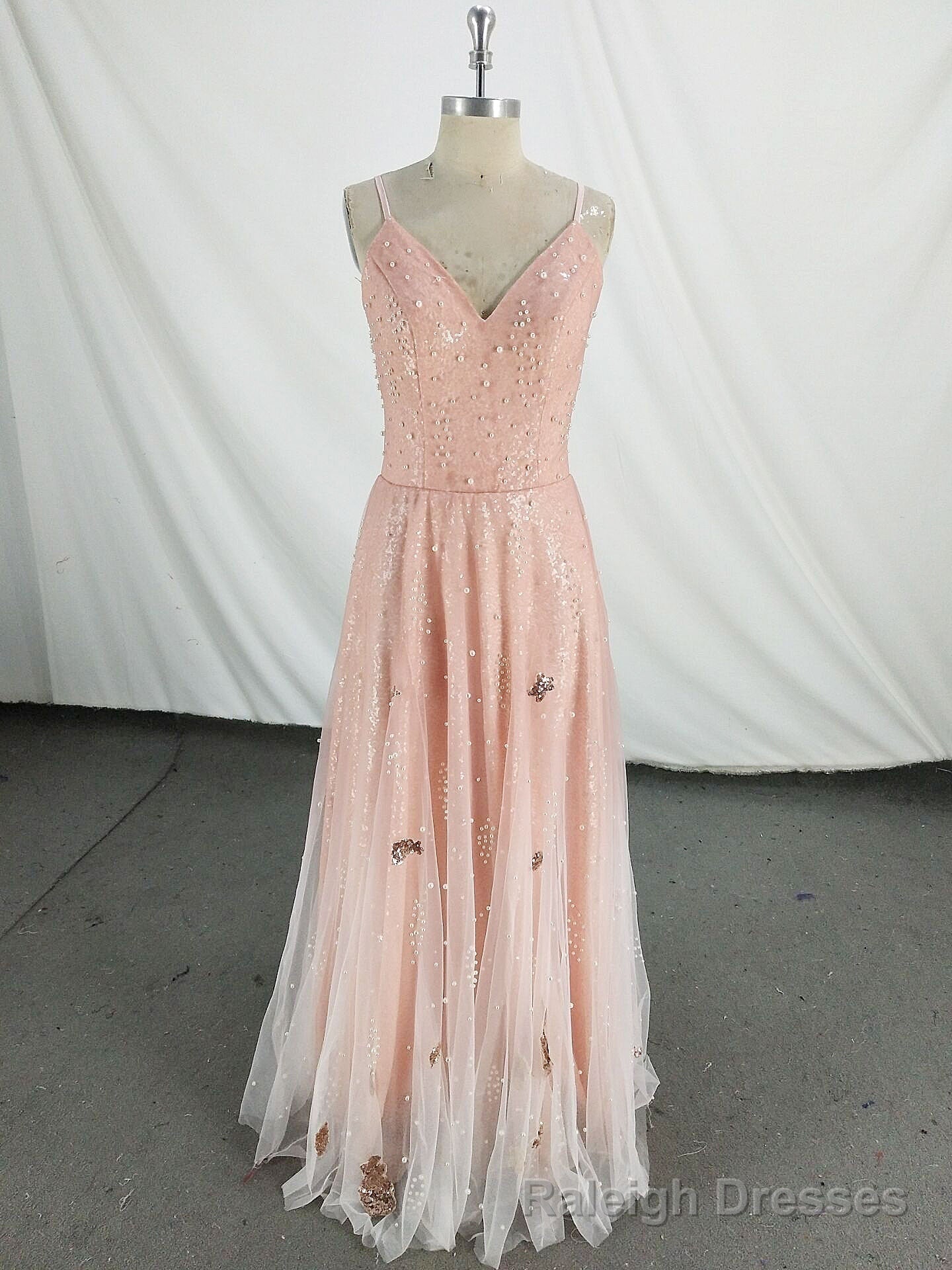 Pink V Neck Tulle Long Prom Dress, Pink Tulle Prom Dress