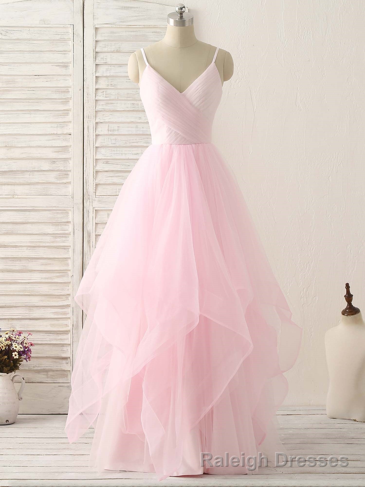 Pink V Neck Tulle Long Prom Dress Simple Pink Tulle Prom Dress