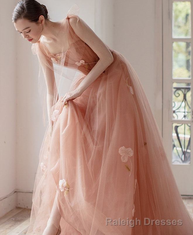 Pink V Neck Tulle Long Prom Dress, Tulle Pink Evening Dress Main image