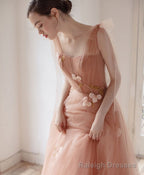 Pink V Neck Tulle Long Prom Dress, Tulle Pink Prom Dress